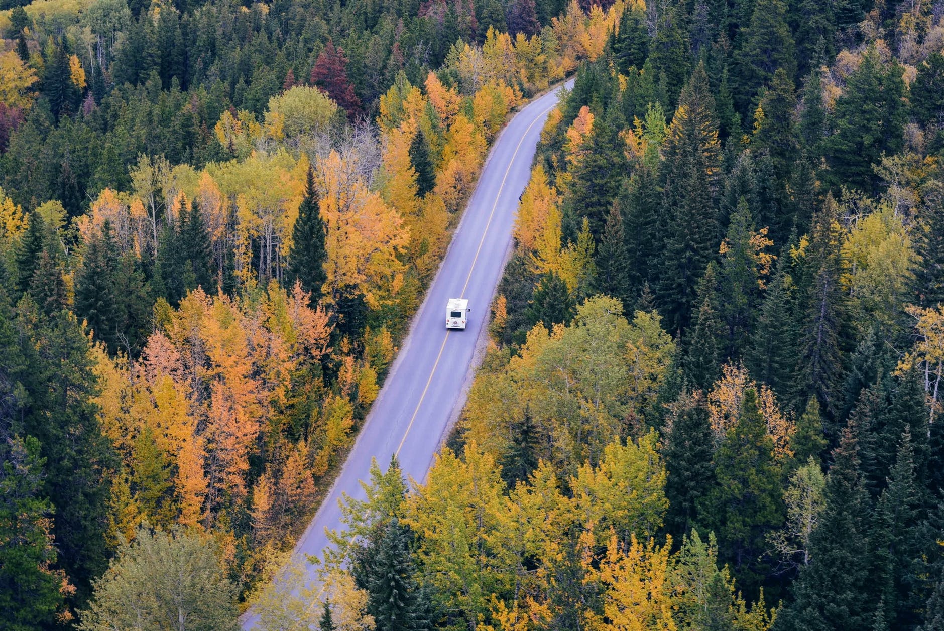 Drone shot of Motorhome in the forest near Edmonton Alberta